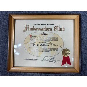 Vintage TWA 1967 Ambassadors Club Certificate For L.H. Gillette Framed Wood
